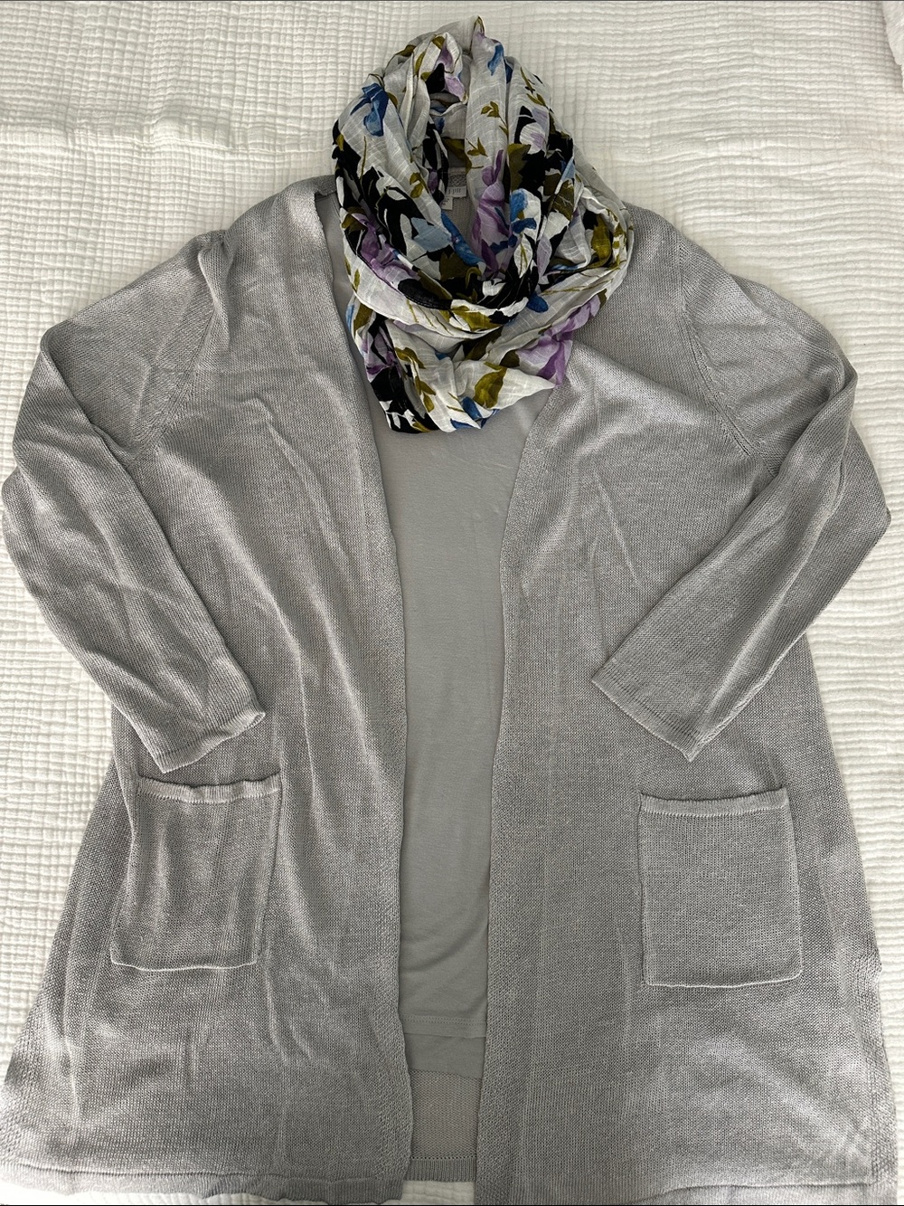 J. Jill Light Gray Sleeveless top, open linen blend Cardigan and Floral Scarf